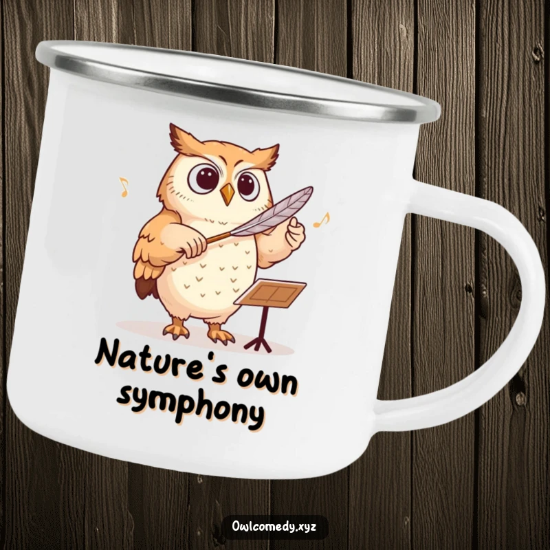 Funny owl conducting an orchestra with a feather baton on a durable camping mug for outdoor enjoyment.