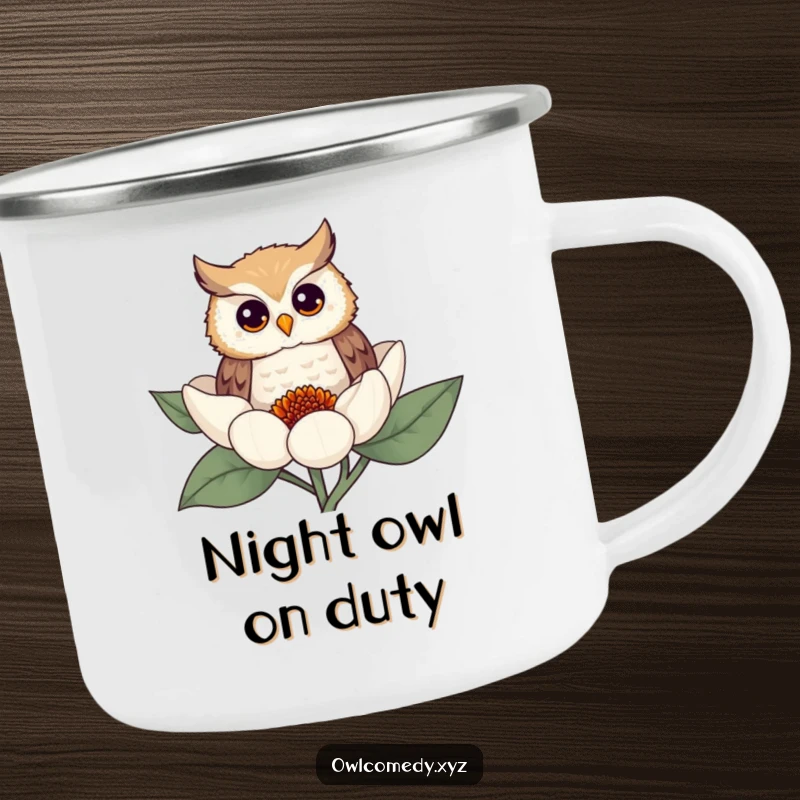 Funny camping mug featuring a curious owl peeking from behind a flower, perfect for outdoor enthusiasts who appreciate humor.