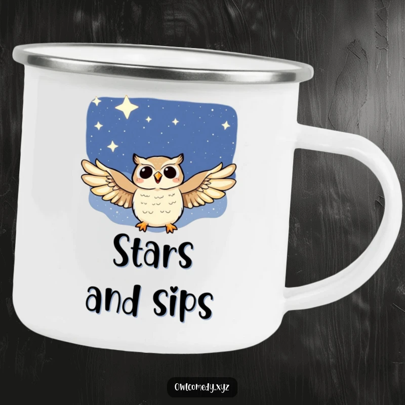 Funny camping mug showcasing a joyful owl with outstretched wings soaring through a starry night sky, perfect for campers.
