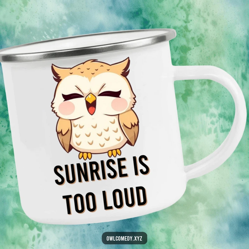 Durable enamel camping mug featuring a funny sleepy owl yawning widely with a hint of a giggle. For outdoor relaxation.