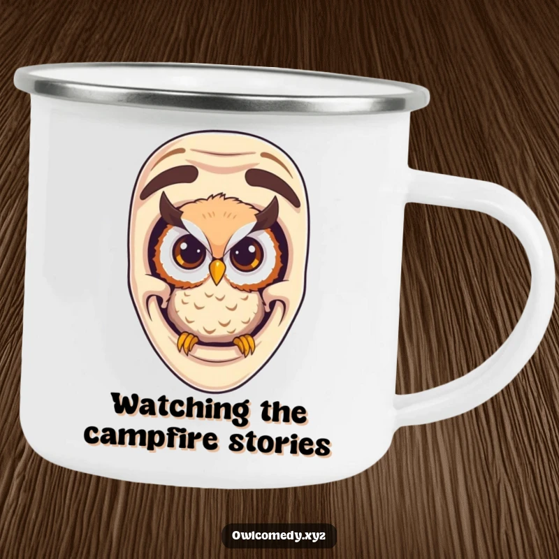 Funny curious owl peeking from a comedy mask on a durable camping mug, ready for outdoor adventures.