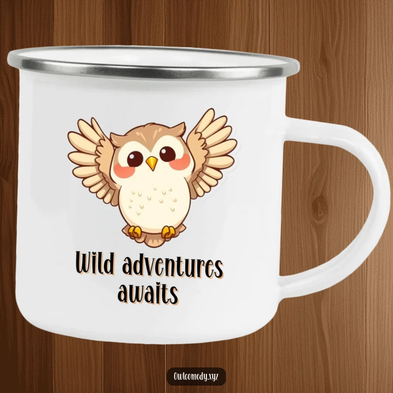 Funny joyful owl swooping with wide wings spread on a camping mug, perfect for outdoor happiness.