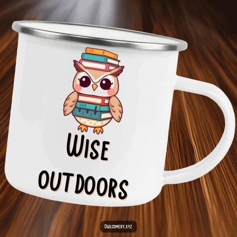 Funny Kawaii owl camping mug showing a cute owl balancing a huge stack of books on its head, ready for outdoor use.