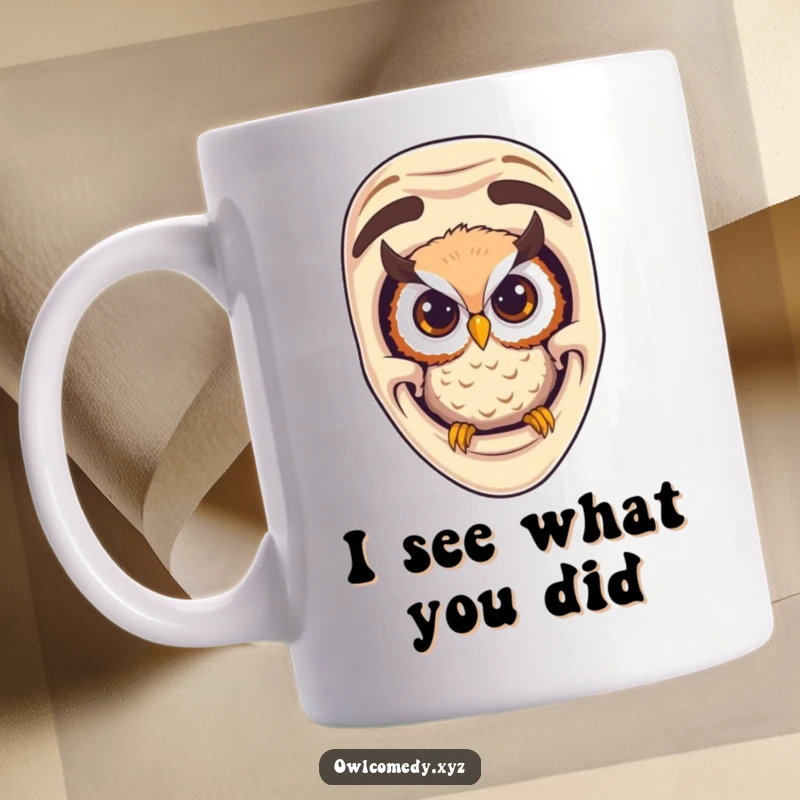 Funny owl peeking out of a large comedy mask, looking curious and mischievous, perfect for a laugh.