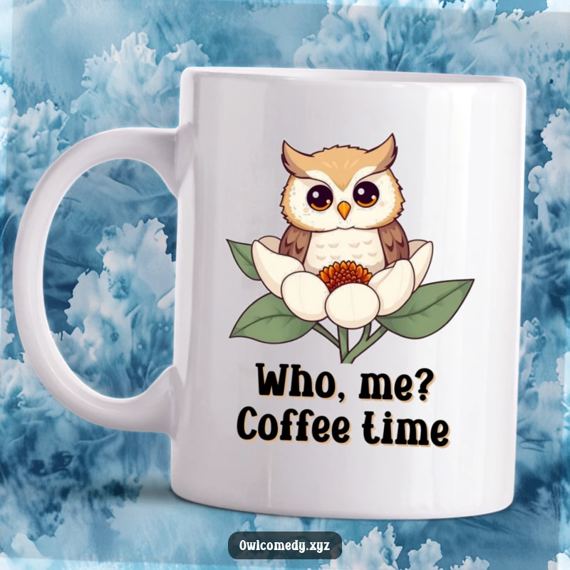 Funny owl mug with a curious owl peeking from behind a vibrant flower, showcasing a playful and inquisitive personality.