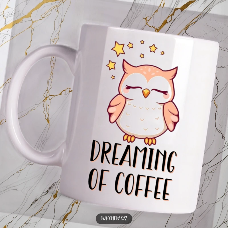 Funny dreaming kawaii owl mug, with closed eyes and a swirl of stars above its head, a peaceful and humorous illustration.