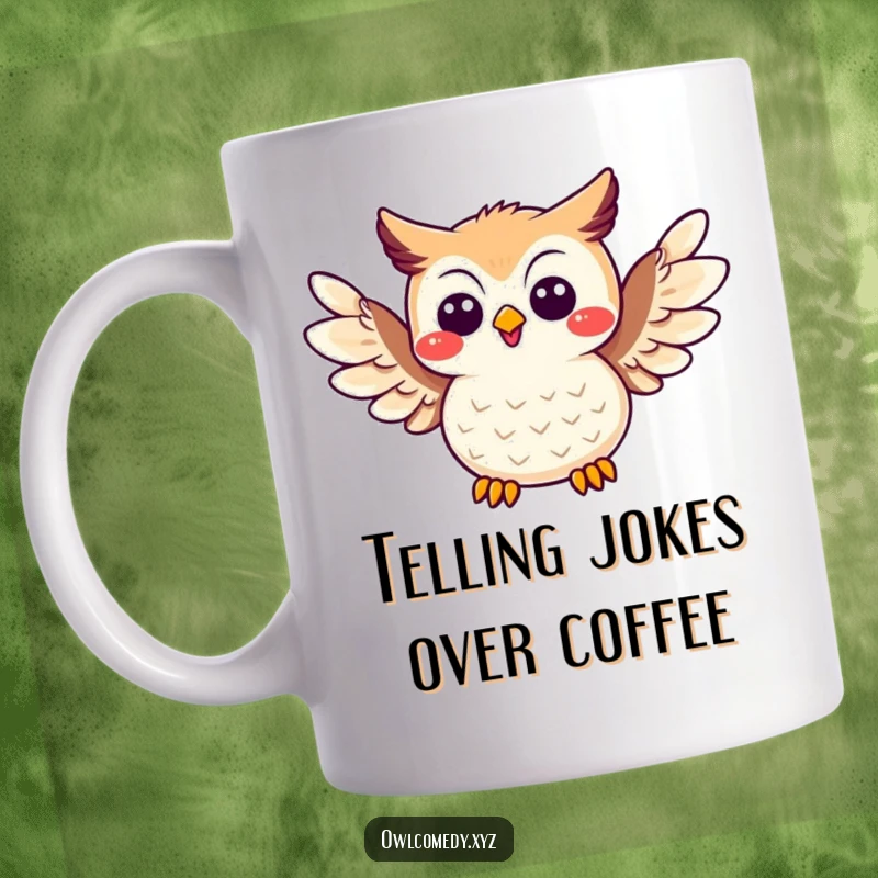 Funny Joke Owl Mug: A cheerful owl spreading its wings to tell a hilarious joke, perfect for a laugh.