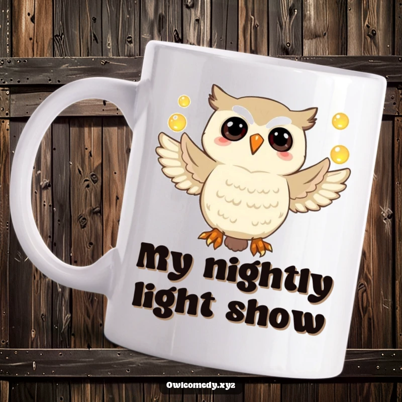 Funny owl mug design featuring a jubilant owl artistically juggling glowing orbs with its sharp talons, symbolizing magical talent.