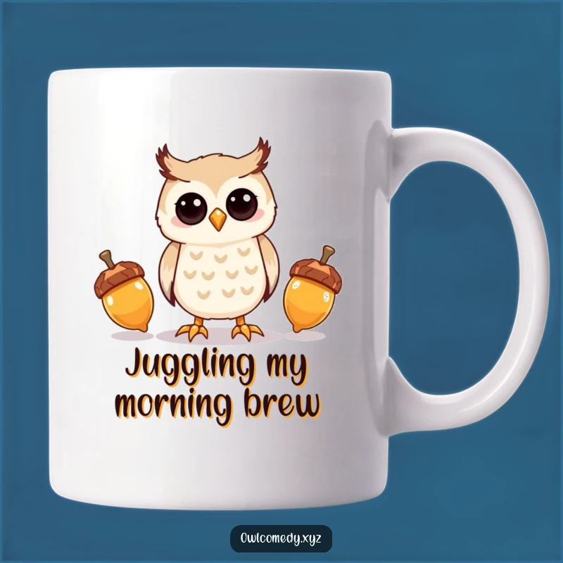 Funny Kawaii Owl Acorn Juggling Mug - Skillful Owl Humor - Funny Gift