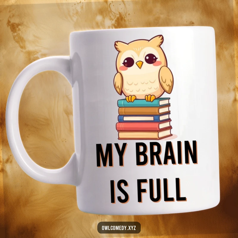 Funny Kawaii Owl Mug, a cute owl gleefully knocking over a stack of books with a silly grin, perfect for book lovers.