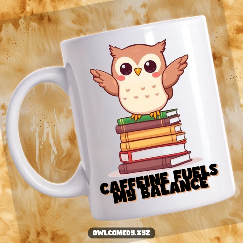 Funny kawaii owl character comically balancing precariously on a tall stack of tiny books, looking determined.