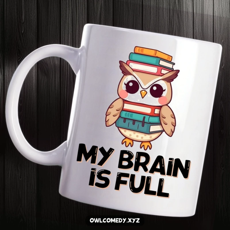 Funny Kawaii owl mug showing its incredible balancing act with a tall stack of books on its head, looking slightly stressed but determined.