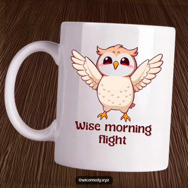 Funny Kawaii owl mug featuring a cute character joyfully flapping its wings mid-air, bringing whimsical delight.