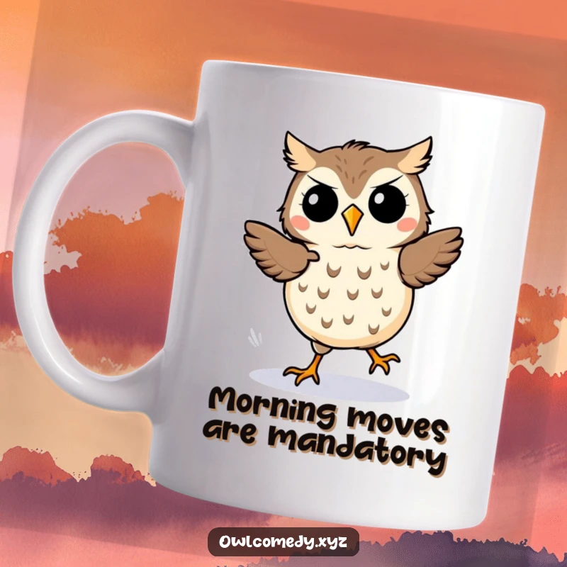 Funny kawaii owl mug, an owl happily jigging with motion lines, showing energetic and excited footwork.