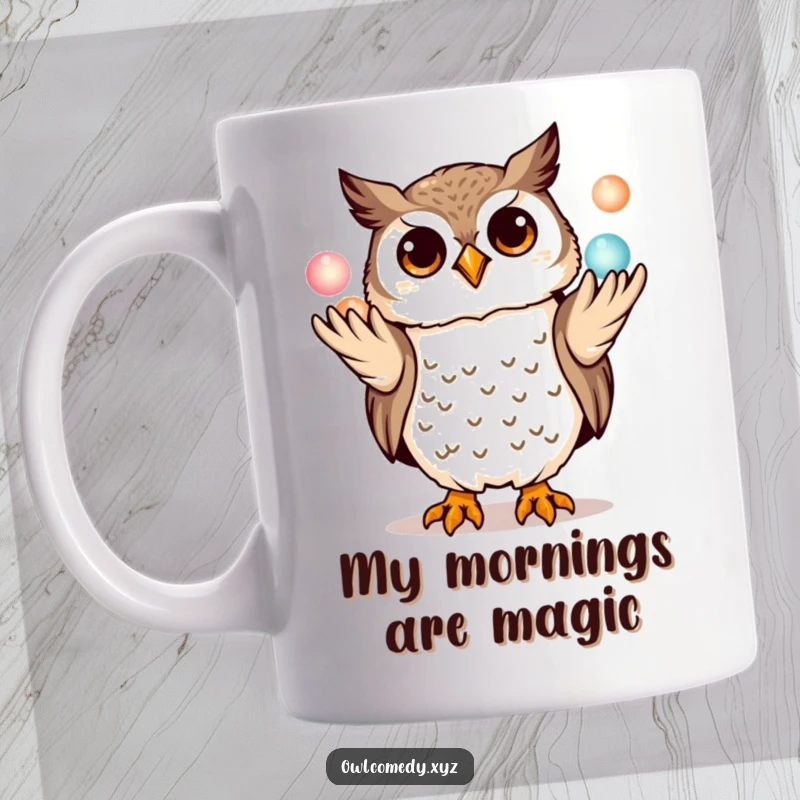 Funny kawaii owl mug, playfully juggling three miniature glowing orbs with its talons, a humorous and magical illustration.
