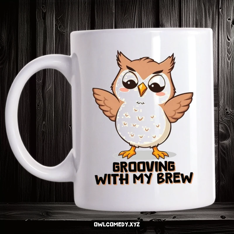 Funny Kawaii owl with a goofy grin enthusiastically doing a silly dance, capturing pure, unadulterated joy, a perfect gift.