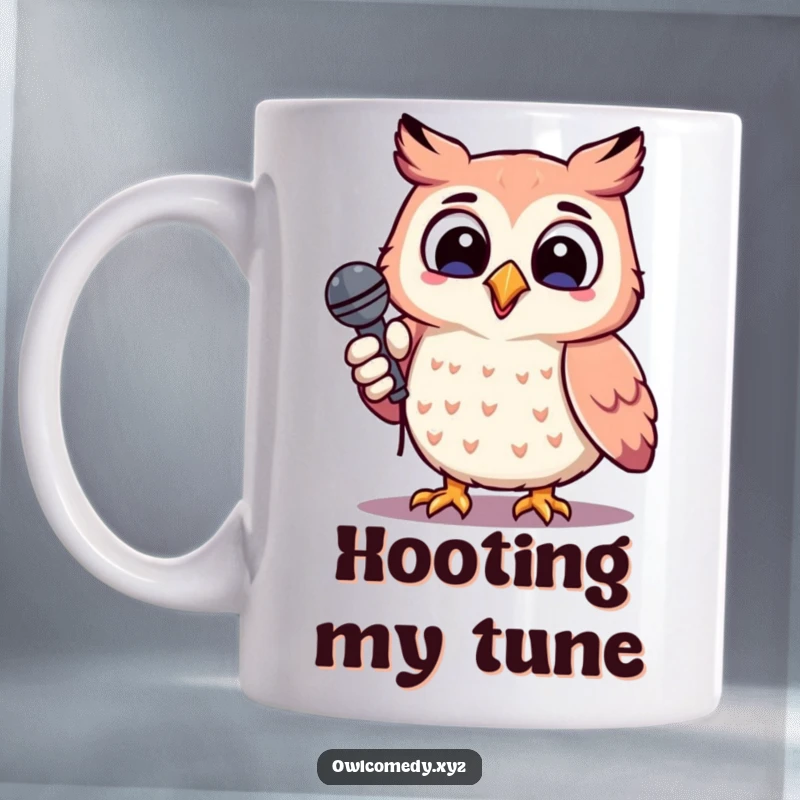 Funny cheerful kawaii owl holding a microphone, tilting head, singing mug, karaoke, music lover, cute gift.