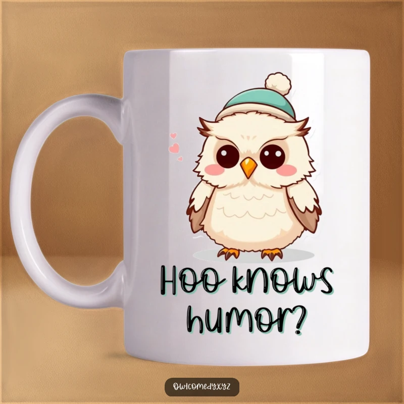 Funny fluffy owl wearing a tiny adorable hat, looking mischievous as it tells a joke, featured on this humorous mug.