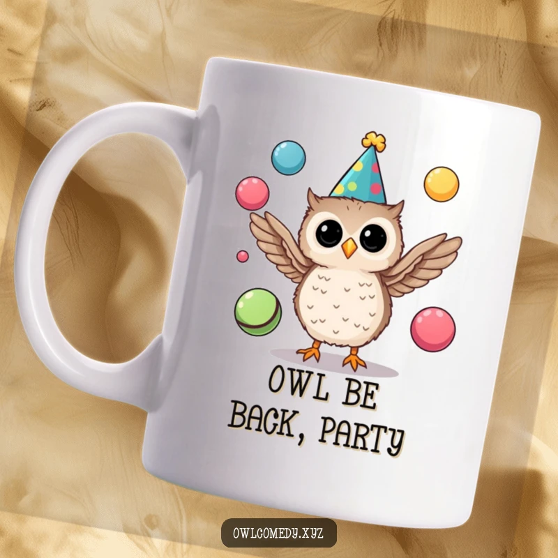 Funny mug showing a tiny, cute owl wearing a party hat and skillfully juggling colorful balls with its wings.
