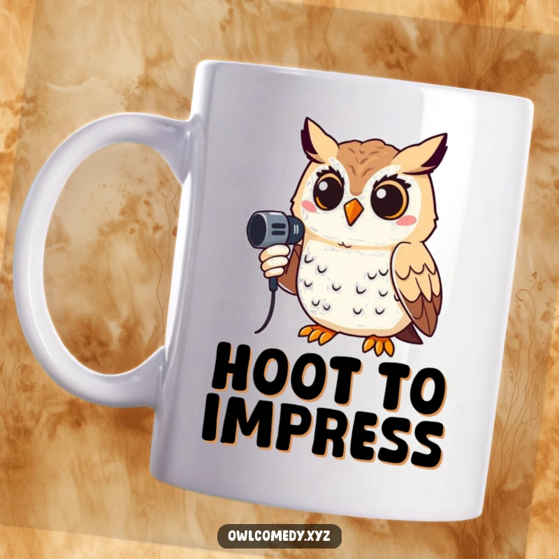 Funny mug showing a smiling owl holding a microphone, ready to sing its heart out.