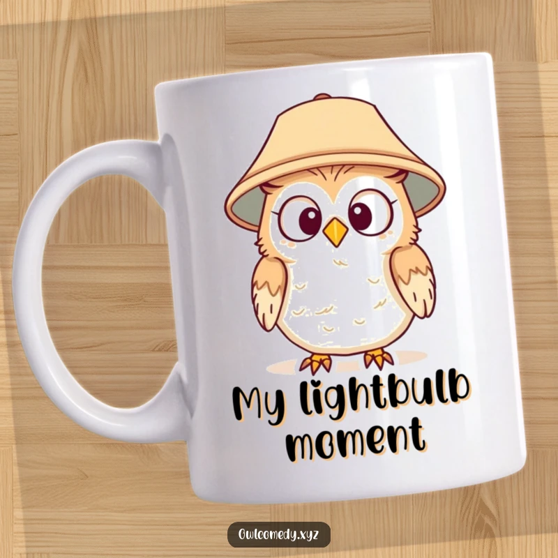 Funny mug depicting a surprised owl wearing a lampshade hat, looking bewildered, capturing a moment of party mayhem.