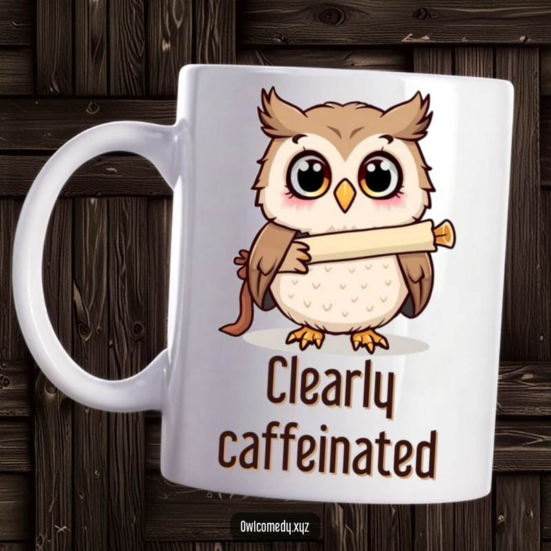 Funny surprised owl looking through a telescope scroll, wide eyes showing curiosity and wonder, a whimsical gift.