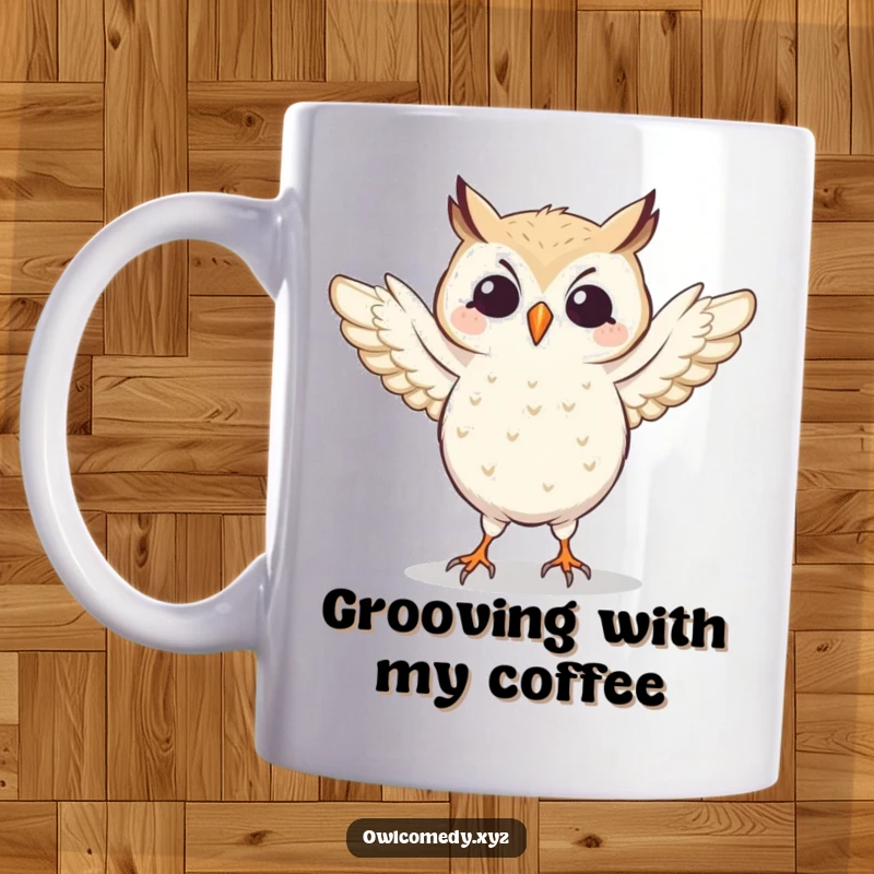 Funny owl enthusiastically practicing a silly dance with wings flapping energetically. A ceramic mug for dance lovers.