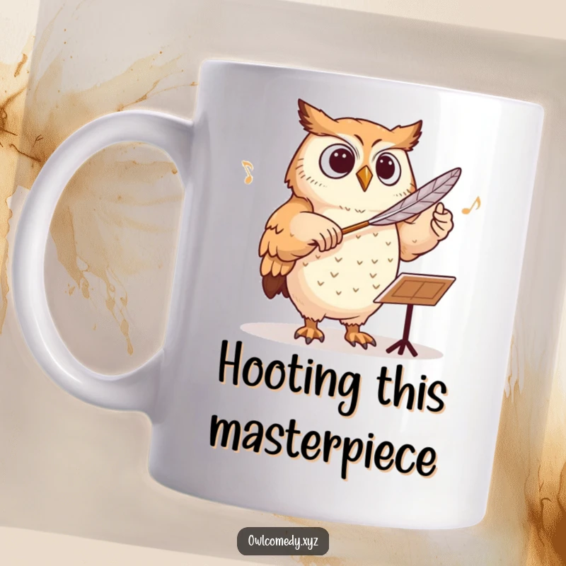 Funny owl conducting an orchestra with a feather baton, looking distinguished and humorous on a coffee mug.