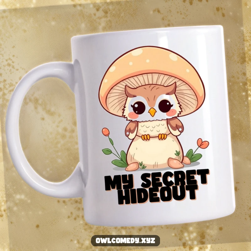 Funny Kawaii owl peeking from behind a huge mushroom, winking playfully on a mug, expressing quirky charm.