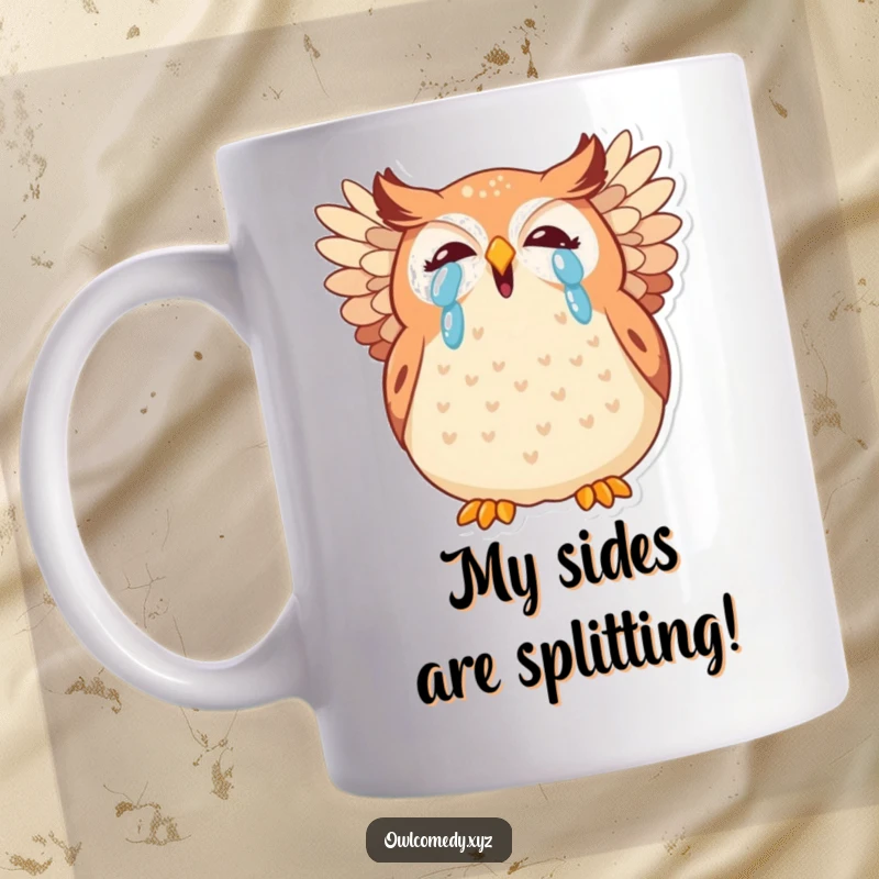 Funny kawaii owl mug with tears of laughter, wings akimbo, showing extreme happiness and a playful, giggling personality.