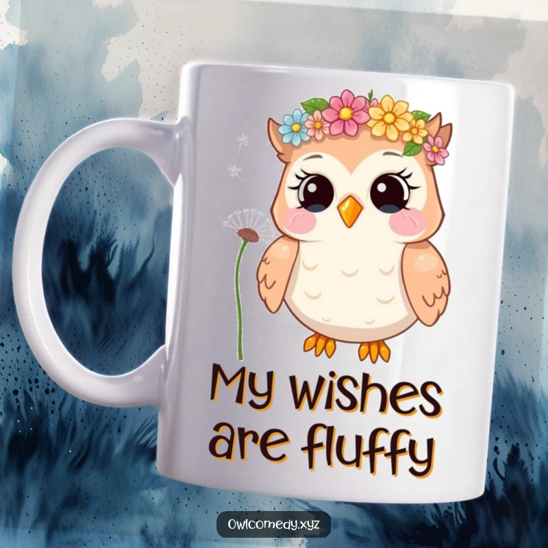 Funny mug featuring a giggling owl with a flower crown, playfully blowing dandelion seeds in a whimsical garden scene.