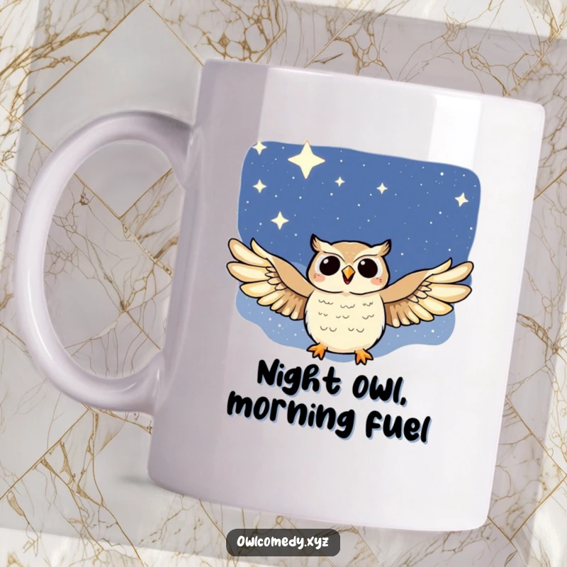 Funny mug depicting a joyful owl with wide, outstretched wings gracefully soaring through a vast, starry night sky.