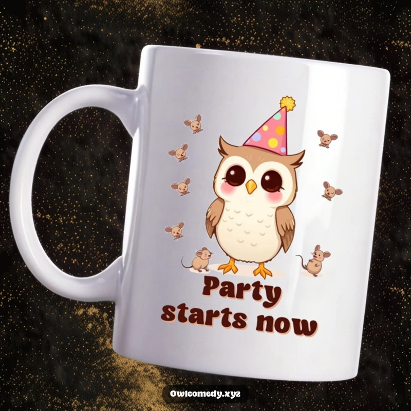 Funny Kawaii Owl Mug wearing a party hat, skillfully juggling tiny mice, a whimsical celebration.