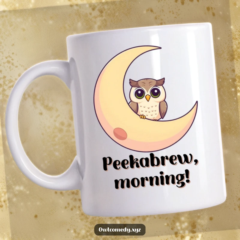 Funny mug showing a curious owl peeking its head out from behind a large, friendly crescent moon with a smile.