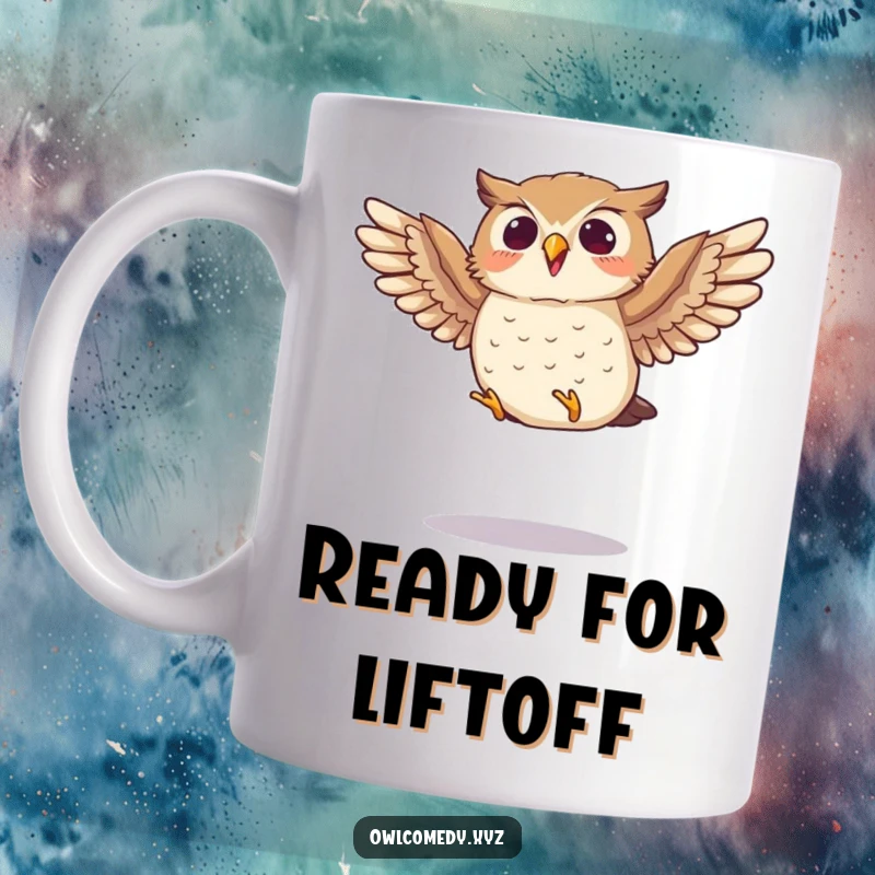 Funny mug showing a small owl enthusiastically flapping its wings mid-jump, depicting joy and excitement.