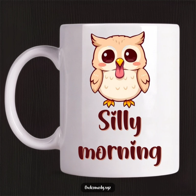 Funny Kawaii owl mug featuring a super cute owl sticking its tiny tongue out playfully, with a mischievous glint in its eye.