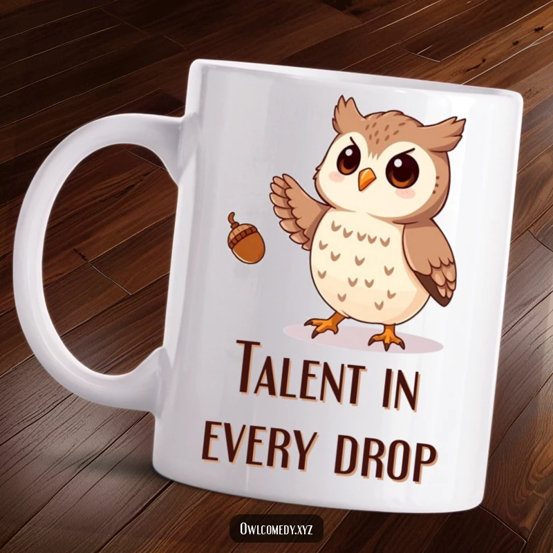 Funny mug featuring a playful owl skillfully juggling small acorns with its talons, showcasing impressive dexterity and charm.