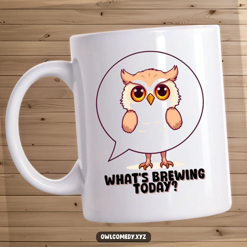 Funny Mug: A curious owl playfully peeks from behind a large speech bubble, expressing whimsy and surprise, making it a delightful gift.