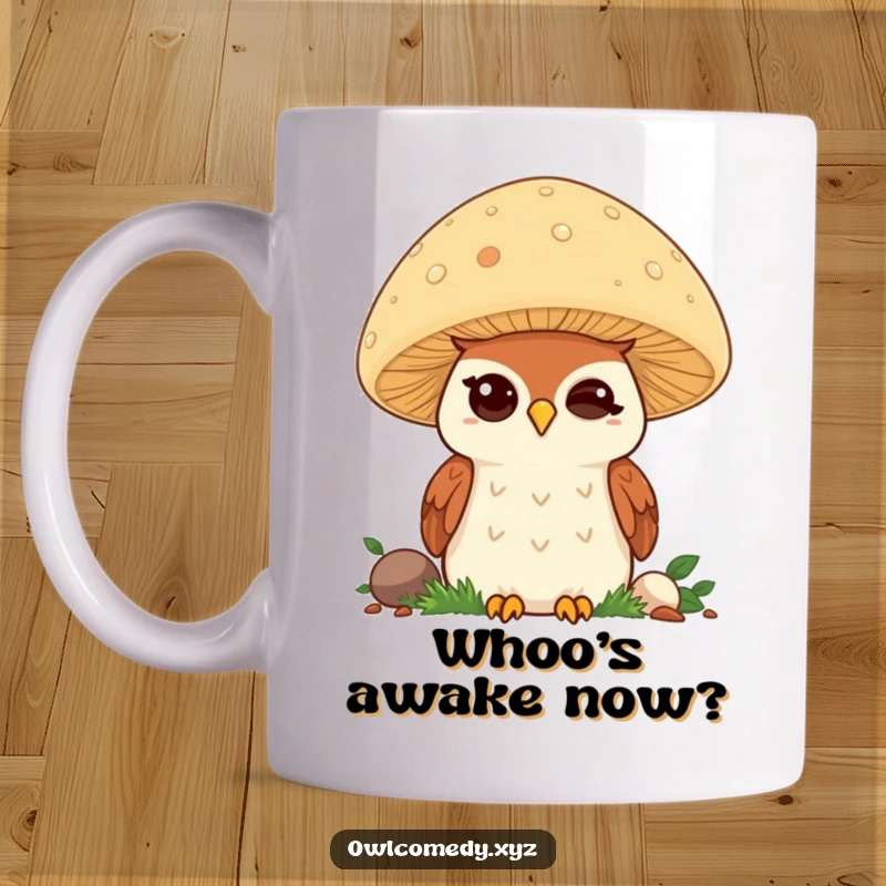 Funny Kawaii Owl Mug: Adorable owl peeks from behind a mushroom, winking mischievously, perfect for a funny gift.