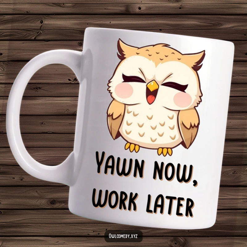 Funny sleepy owl yawning widely with a tiny, subtle giggle escaping its beak. A ceramic mug for those who cherish rest.