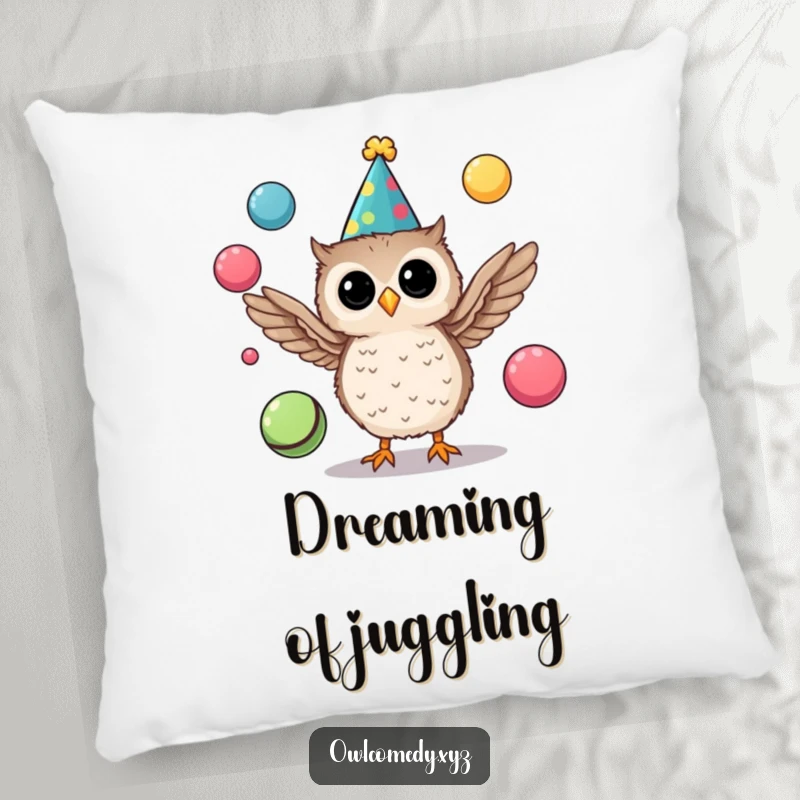 Funny pillow featuring a soft illustration of a tiny owl wearing a party hat and juggling colorful balls with its wings.