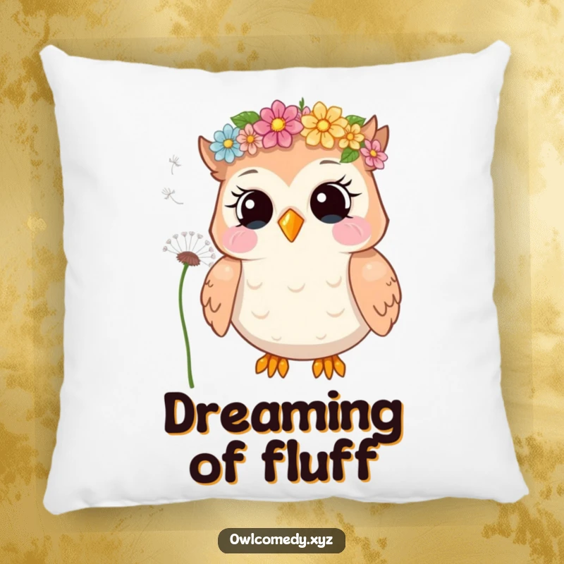 Funny pillow with a giggling owl in a flower crown, blowing dandelion seeds, offering comfort and a touch of whimsy.