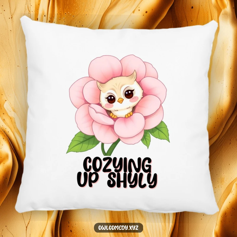 Funny shy kawaii owl pillow, peeking around a giant flower with a faint blush, a soft and humorous decorative cushion.