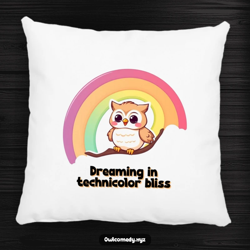 Funny pillow featuring a cheerful, giggling owl sliding with pure delight down a bright, enchanting rainbow.