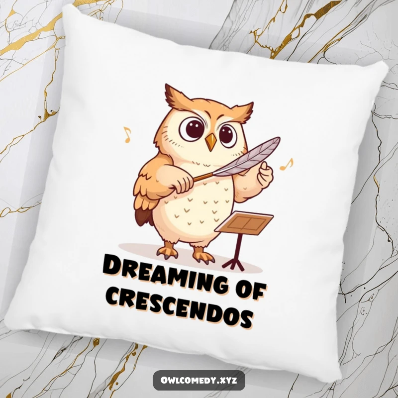 Funny owl conducting an orchestra with a feather baton, on a soft and comfortable pillow.