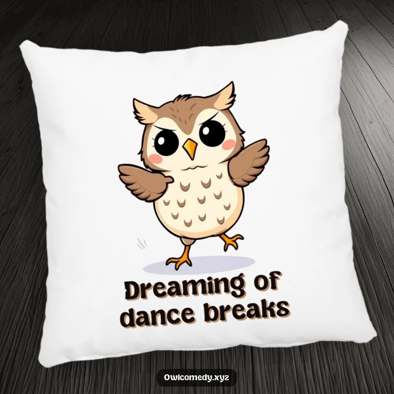 Funny kawaii owl pillow, a cute owl doing a happy jig with motion lines, adding a touch of fun.