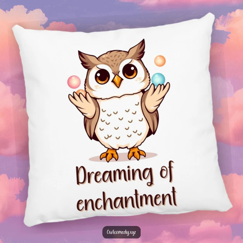 Funny kawaii owl pillow, playfully juggling three miniature glowing orbs with its talons, a soft and humorous decorative cushion.