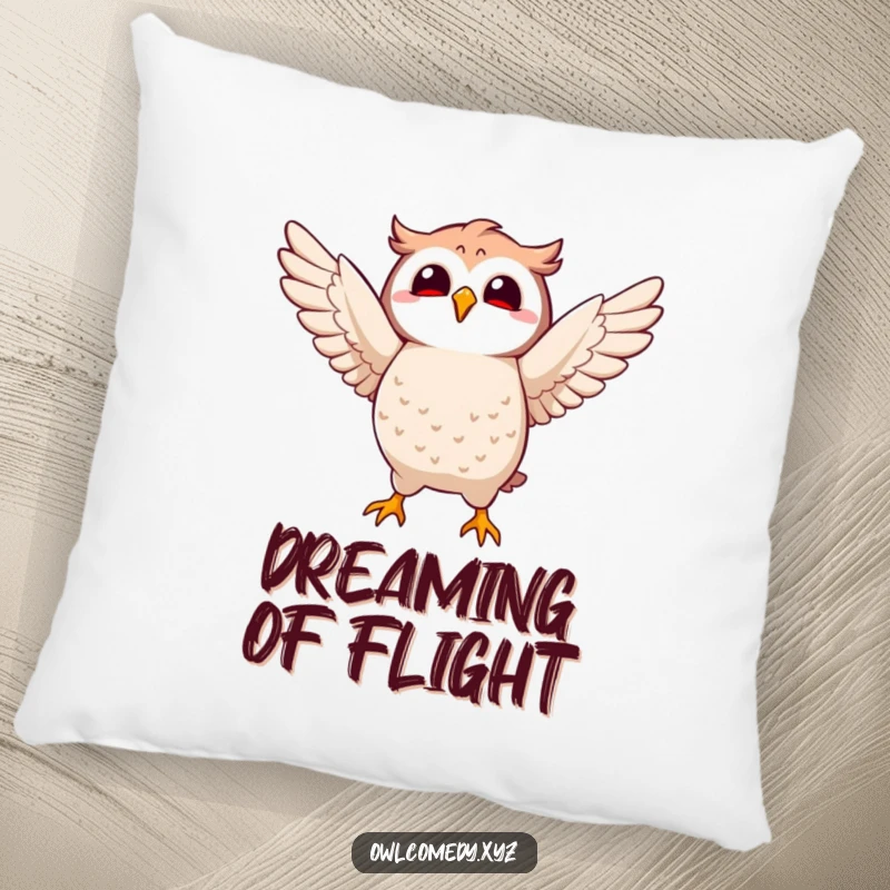 Funny Kawaii owl pillow featuring a character joyfully flapping its wings, offering comfort and a playful, whimsical accent.