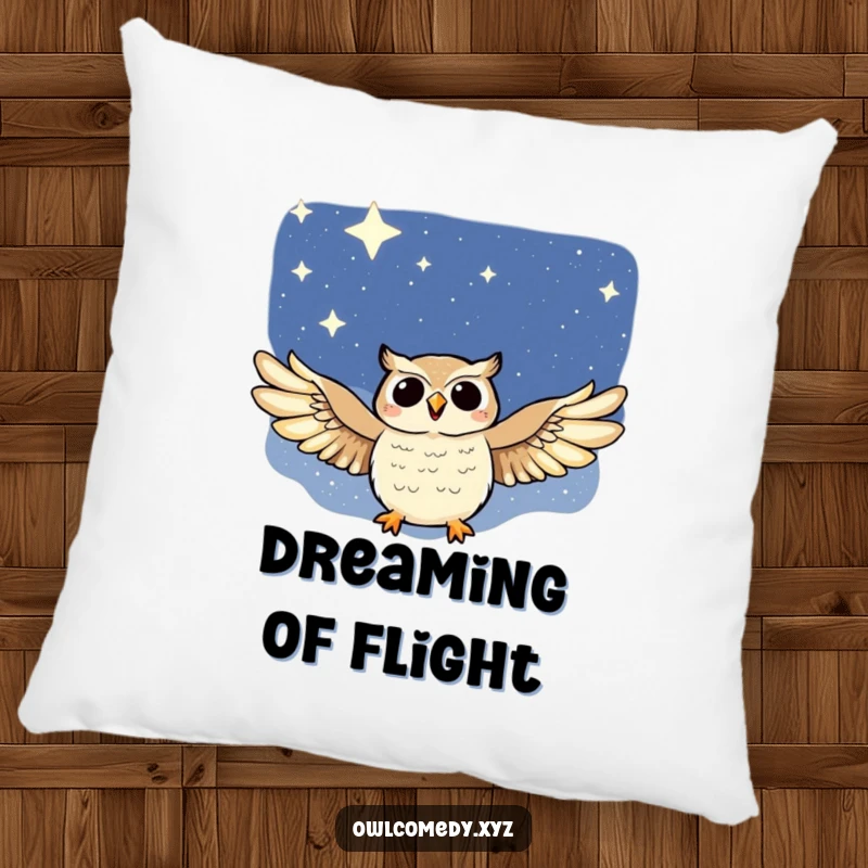 Funny pillow featuring a soft illustration of a joyful owl with outstretched wings, soaring serenely through a starry night scape.