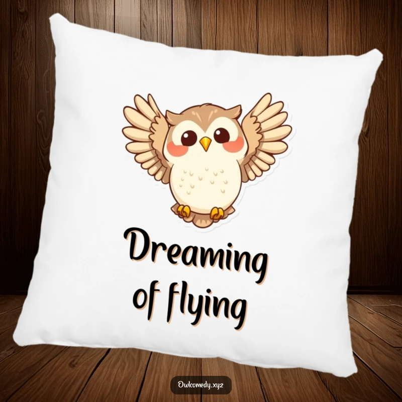 Funny joyful owl swooping with wide wings spread on a pillow, embodying happiness and a sense of flight.
